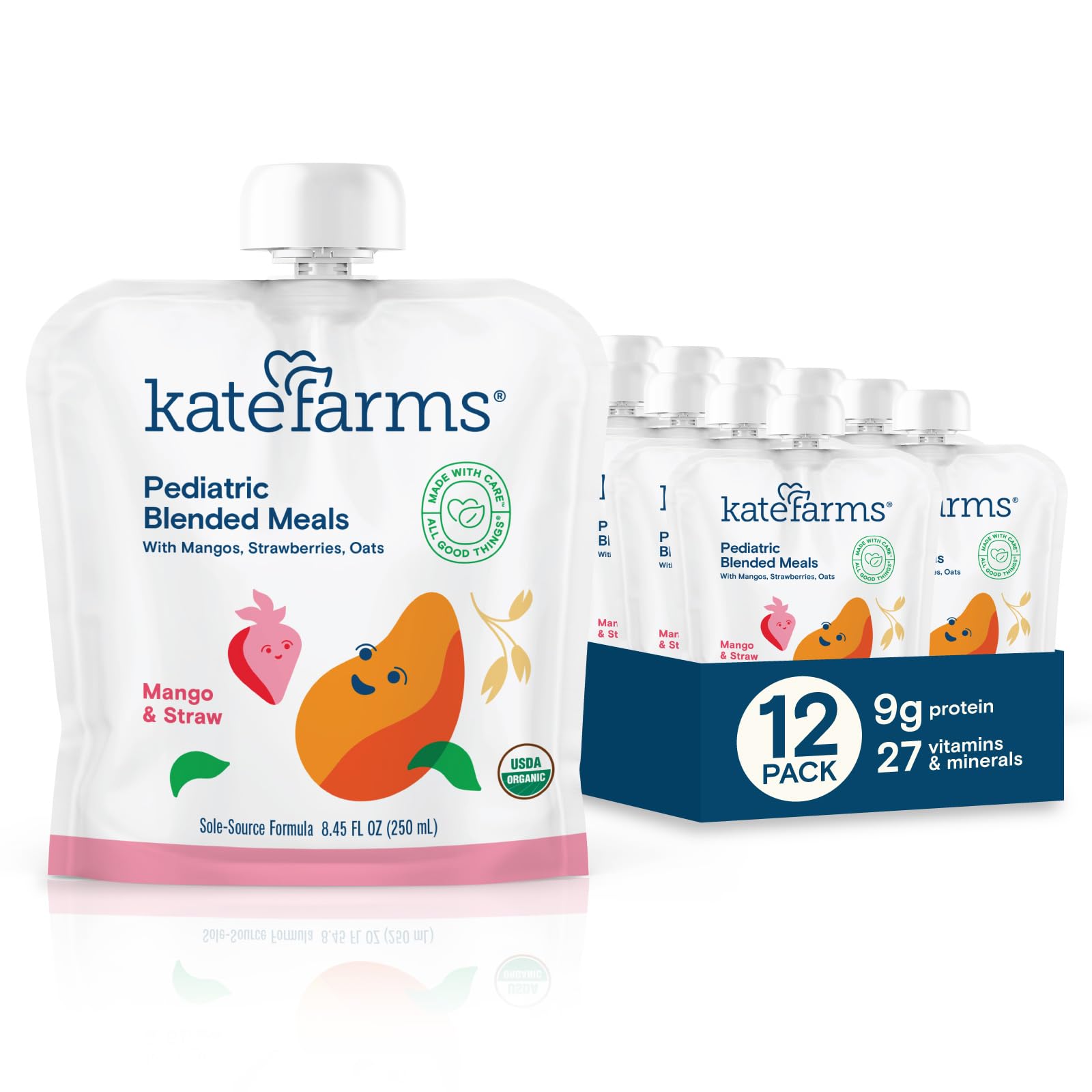 KATE FARMS Organic Pediatric Blended Meal, Mango and Strawberry, 8g protein, organic whole foods, oral or tube feed nutrition, G