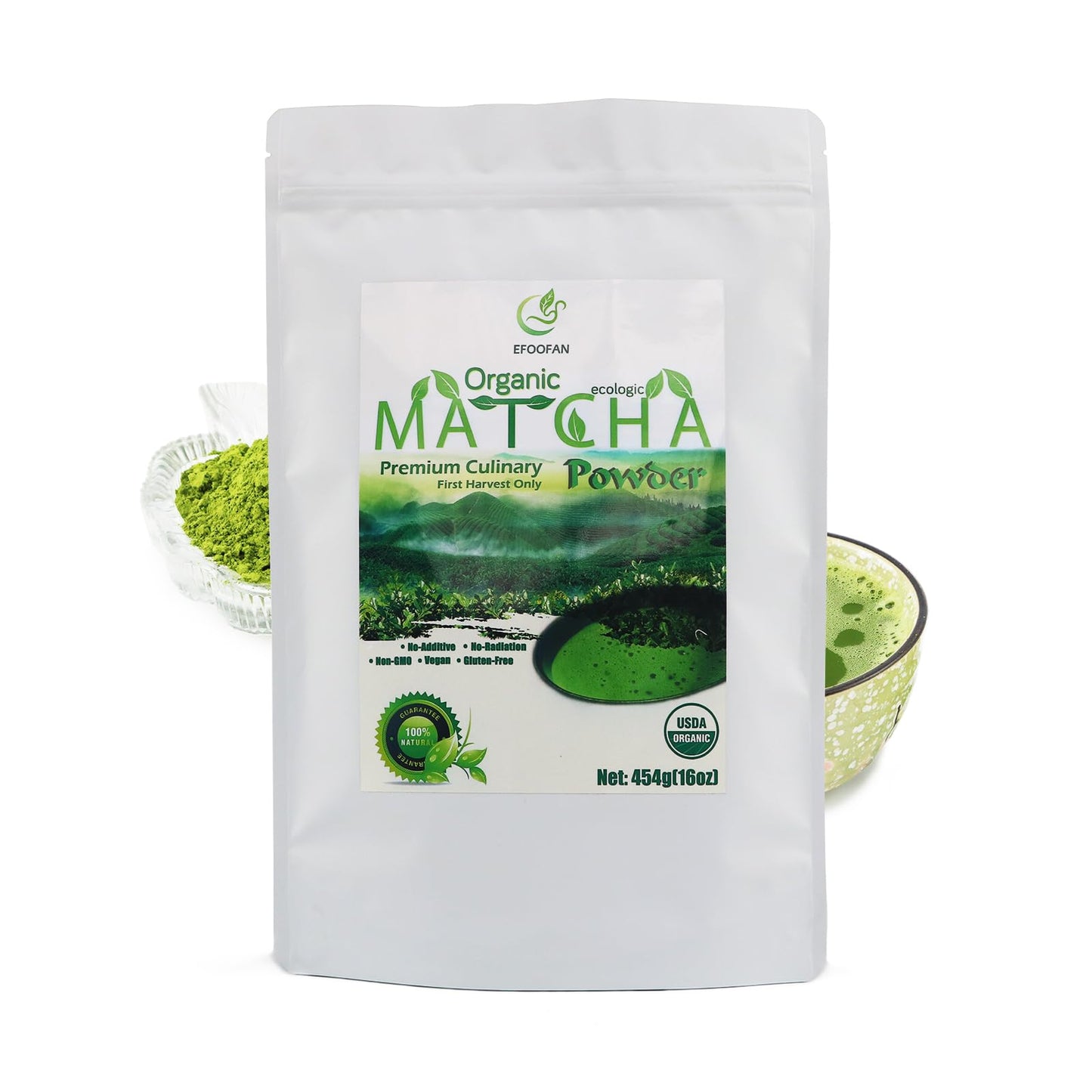 EFOOFAN Organic Matcha Green Tea Powder - Culinary Grade, Non-GMO, Gluten Free, 16oz
