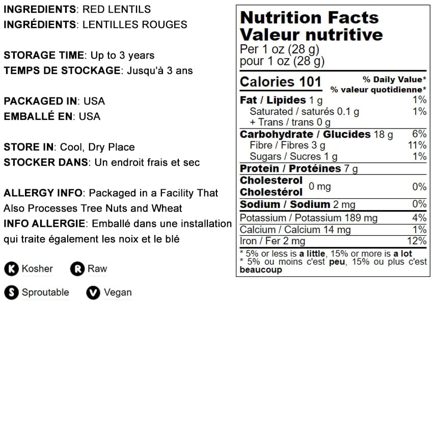 Food To Live - Whole Red Lentils, 10 Pounds - Dry Raw Lentils, Sproutable, Vegan, Kosher, Bulk. Quick-Cooking. Good Source Of Di