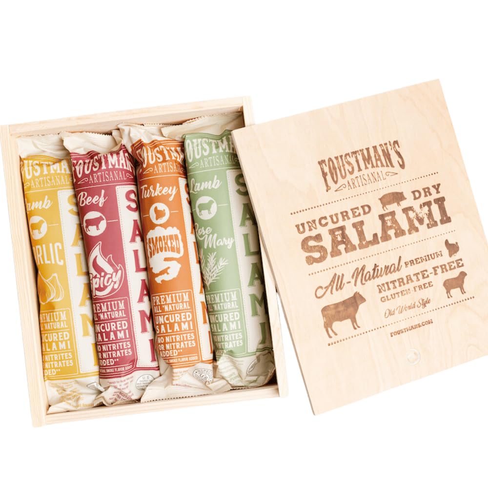 FoustmanS Salami Wooden Gift Box  Artisan  Nitrate-Free  Naturally Supports Wellnessd  Flavors - San Francisco Style Turkey  Fennel & Pepper  Rosemary Lamb And Beef  Pack Of 4  8 Oz Each