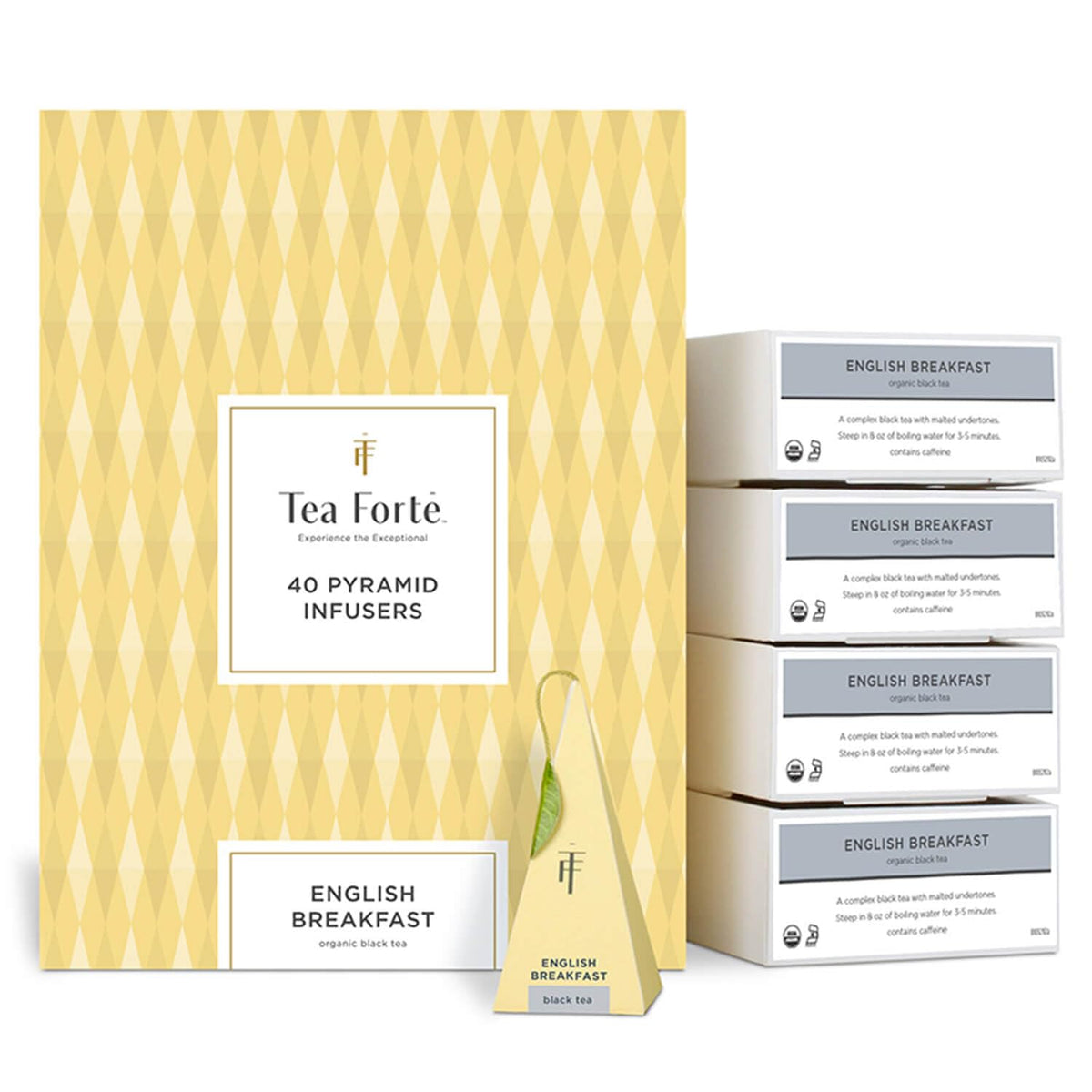 Tea Forte English Breakfast Premium Organic Caffeinated Black Tea Blend Bulk Pack, 40 Count Individually Wrapped Handcrafted Pyramid Infuser Tea Bags