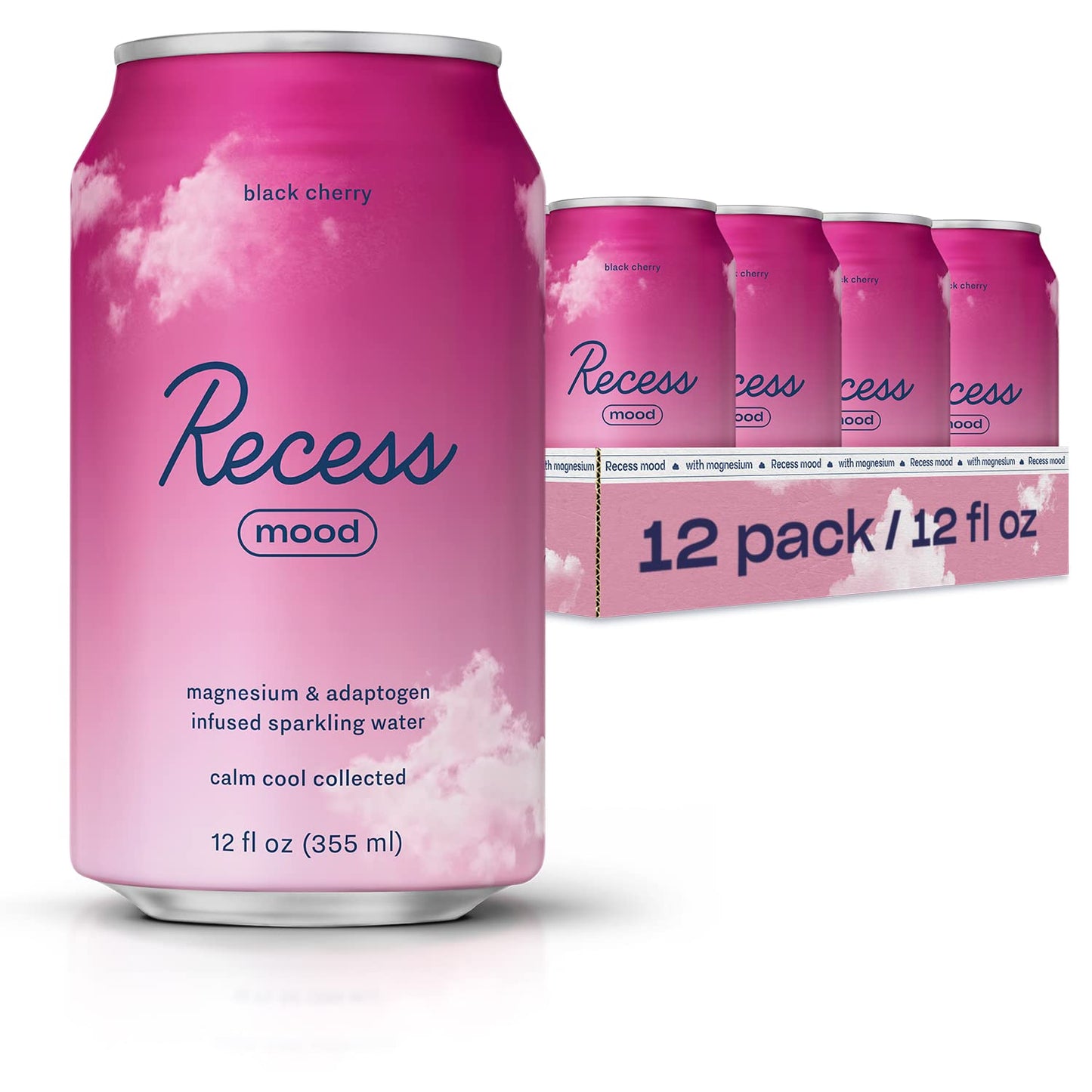 Recess Mood Magnesium & Adaptogen Drink, Relaxation Beverage, 12 ounce (Black Cherry, 12 pack)