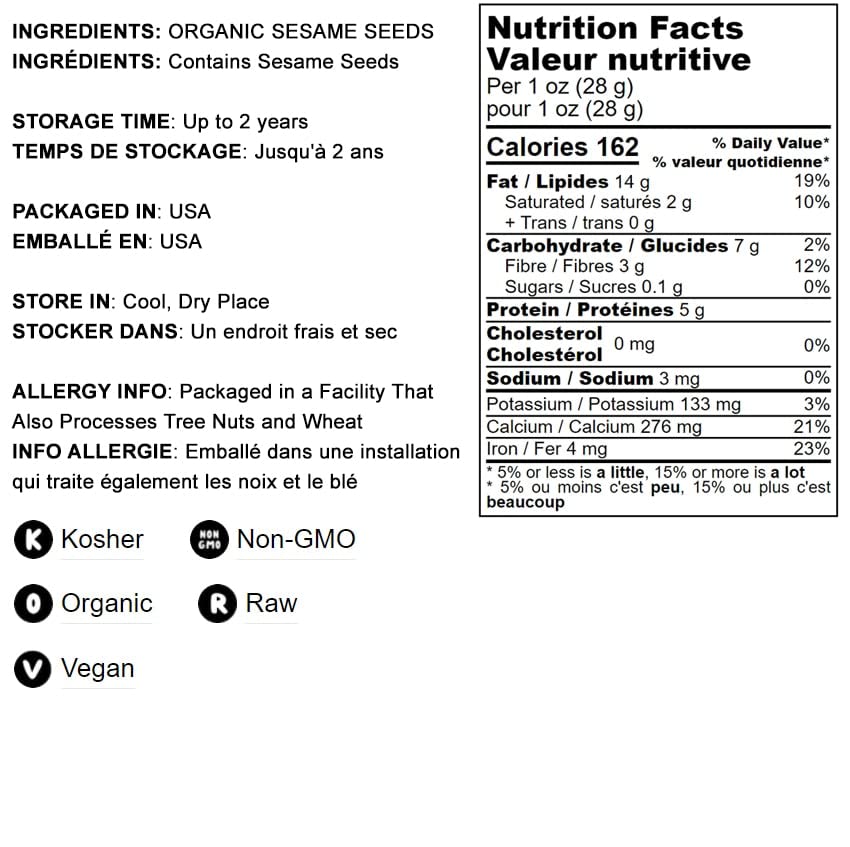 Organic Hulled Sesame Seeds, 18 Pounds - Whole Raw White Sesame Seeds, Non-GMO, Kosher, Vegan, Unroasted, Bulk. High in Iron, an