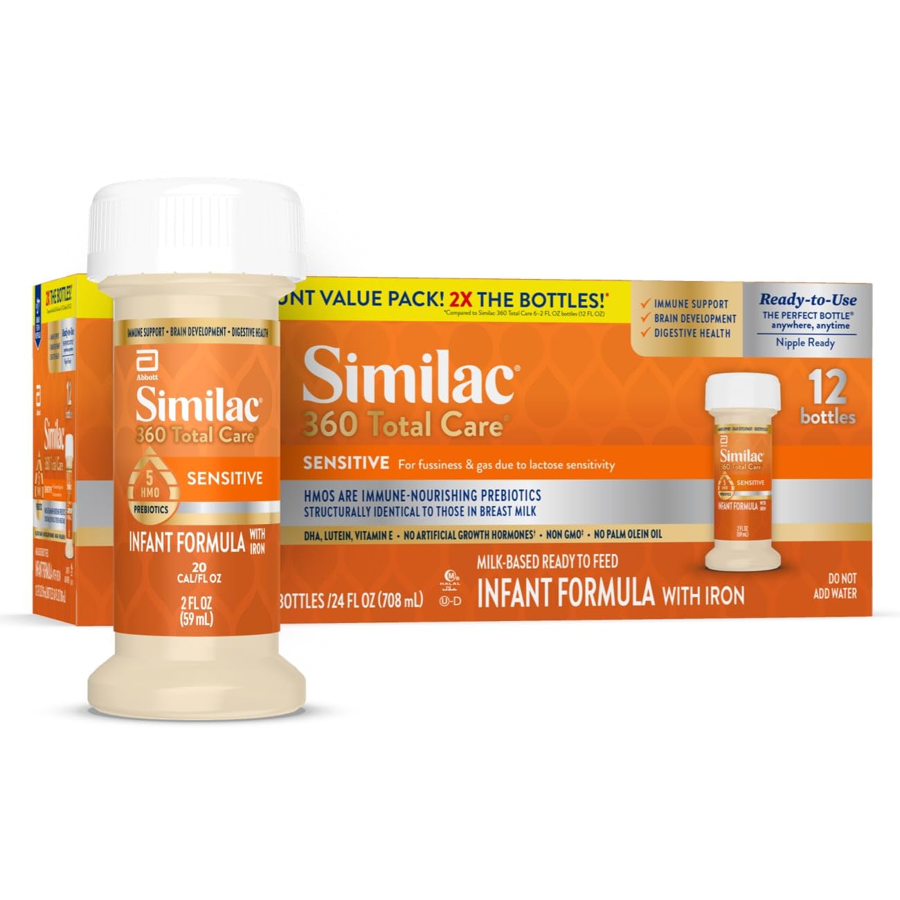 Similac 360 Total Care Sensitive Infant Formula For Fussiness & Gas Due To Lactose Sensitivity, Has 5 Hmo Prebiotics, Baby Formula, Ready To Feed, 2-Fl-Oz Bottle, Pack Of 12