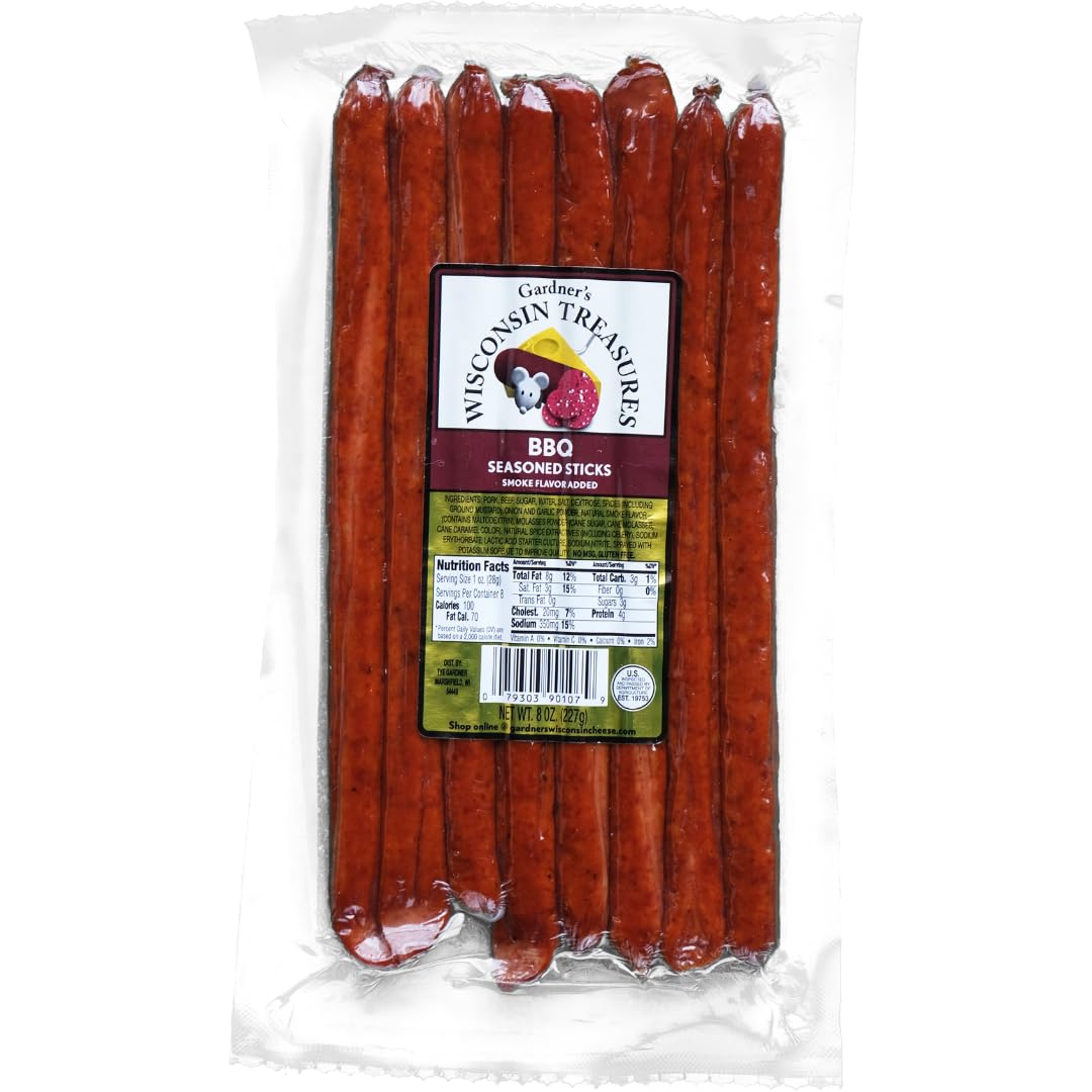 Gardners Wisconsin Cheese, Meat Sticks (1 Ounce Sticks, Pack of 8) - Smoky BBQ Flavor, Low Carb Snack, Does Not Require Refrige