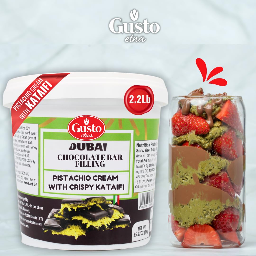 GUSTO ETNA Dubai Pistachio Chocolate Bar Filling- Pistachio Cream with Crispy Kataifi - enhanced Crunchy Spread for Gourmet Dessert Spread  35 oz (1kg)  Product of Italy