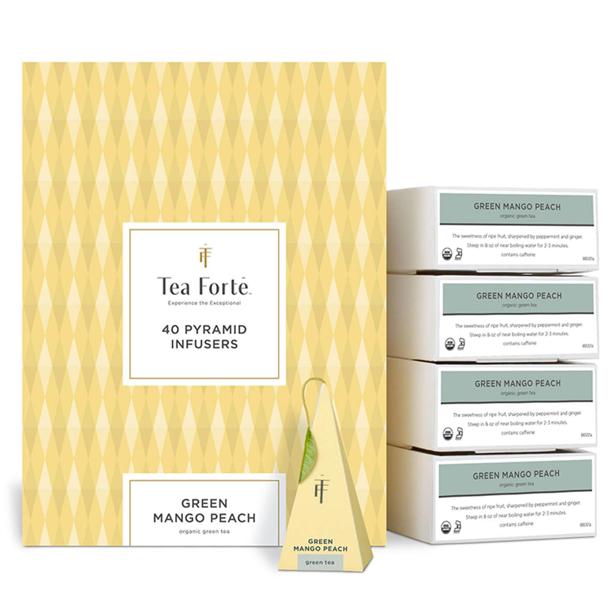 Tea Forte Green Mango Peach Premium Organic Caffeinated Green Tea Blend Event Box, Bulk Pack 40 Count, 10 per tray Individually 