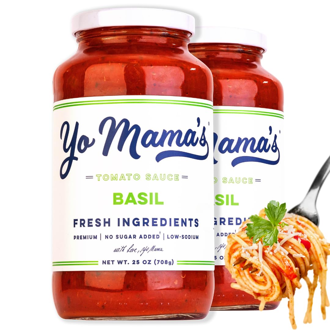 Yo Mamas Foods Keto Tomato Basil Pasta Sauce - No Sugar Added, Low Carb, Vegan - 1.56 lb (Pack of 2)