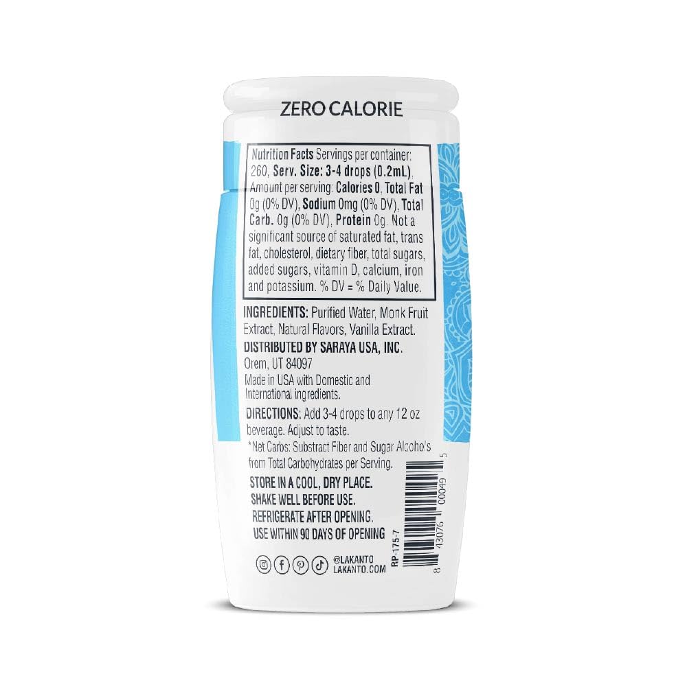 Lakanto Liquid Monk Fruit Extract Drops, Erythritol Free Sweetener, Vanilla Flavor, 1.76 Fl Oz, Pack of 6
