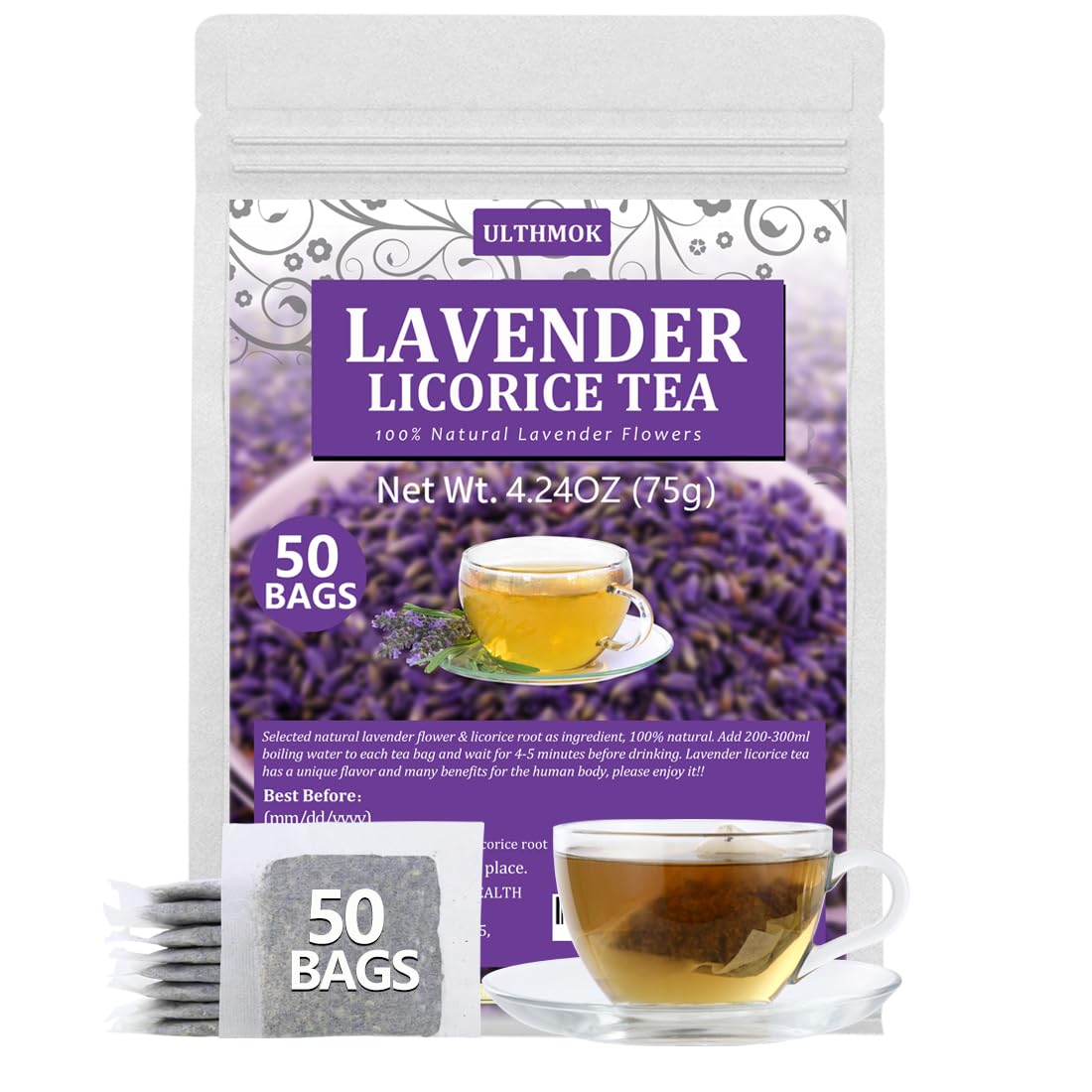 Top-Grade 50 Lavender Licorice Tea Bags  Made With Natural Lavender Flowers & Wild Licorice Root  For Relaxation & Sleep & Wellness  Energy Blend Free & No Artificial Flavors.