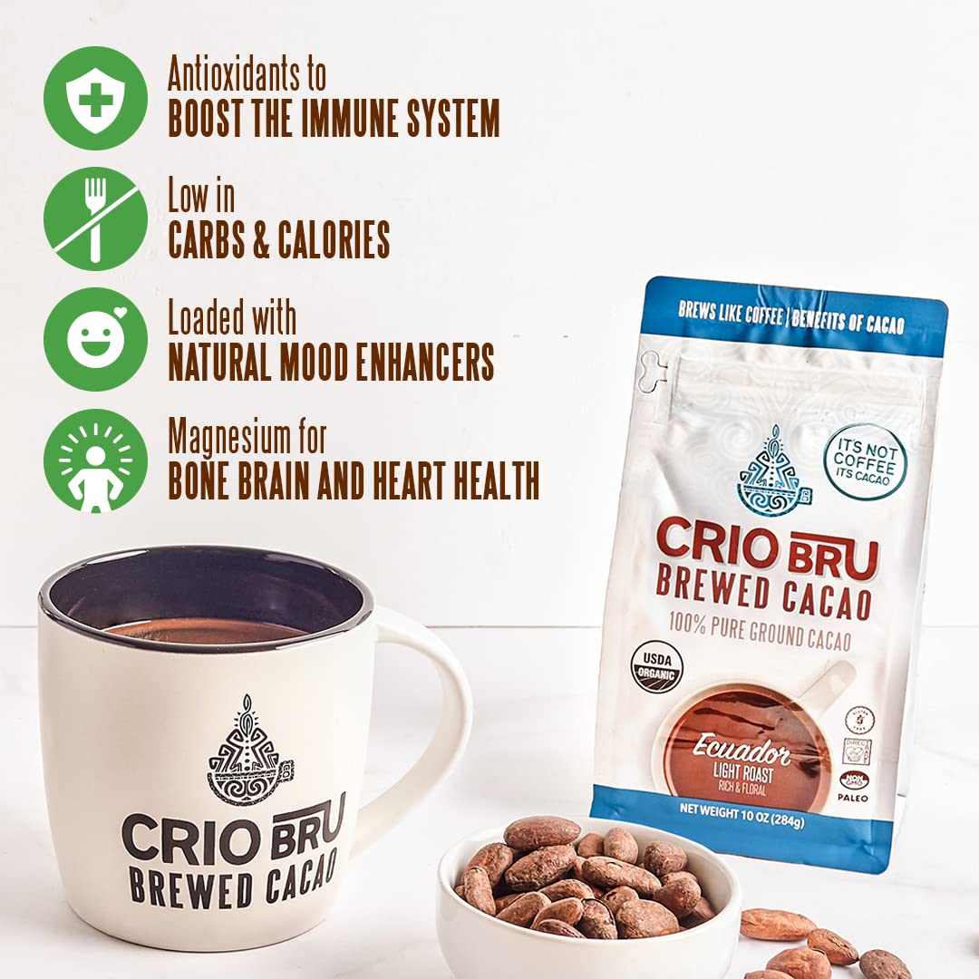 Crio Bru Ghana French Roast 10 oz Bag | Natural Healthy Brewed Cacao Drink | Great Substitute to Herbal Tea and Coffee | 99% Caffeine Free Gluten Free Low Calorie Honest Energy Brew And Enjoy Hot or Iced