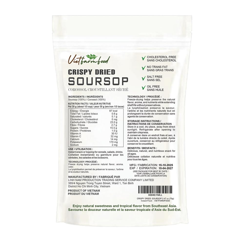 Crispy Dried Soursop 2.47Oz (70G) Vietfarmfood: Freeze-Dried, No Sugar Added, Naturally Sweet, Rich In Natural Nutrients, Making It A Great Snack Option, Suitable For Snacking Or As A Gift