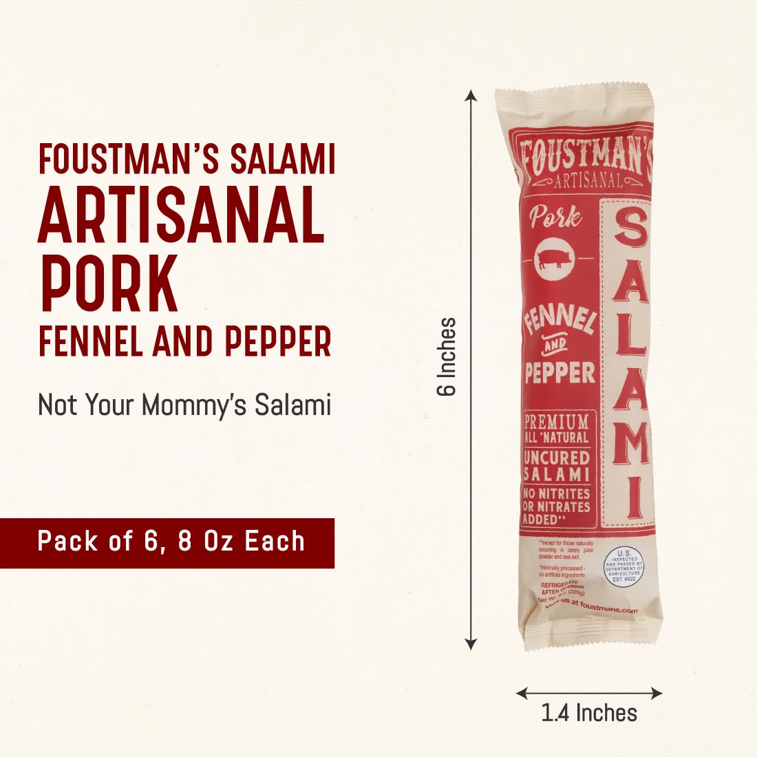 Foustmans Salami Pork Fennel and Pepper Artisanal, Nitrate-Free, Naturally Cured, Gluten-Free, Dairy-Free, Pack of 6, 8 Oz Each