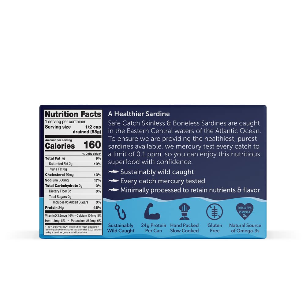 Safe Catch Wild Sardines in Water Skinless Boneless Wild-Caught Sardine Fillets Lowest Mercury Limit, Keto Food Kosher Non-GMO S