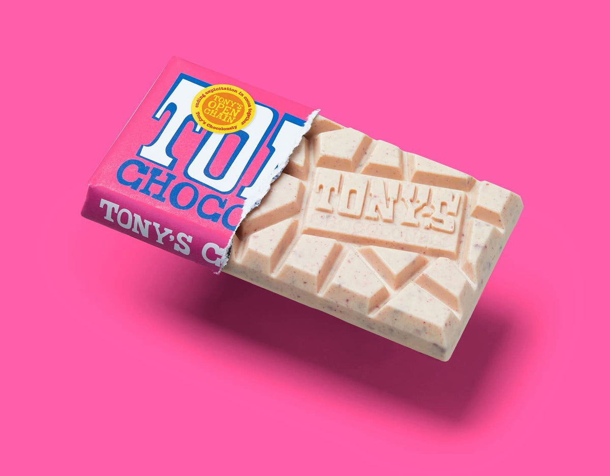 Tonys Chocolonely Belgian White Chocolate Raspberry Candy Bar With Popping Candy, Chocolate Bar for Snacks, Party Favors, Gifts,