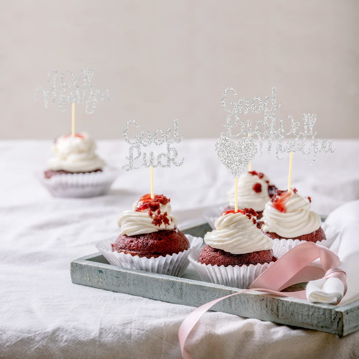 Donoter 24 Pieces Silver Glitter We Will Miss You Cupcake Toppers Good Luck Heart Cake Picks For Going Away Party Table Decorati