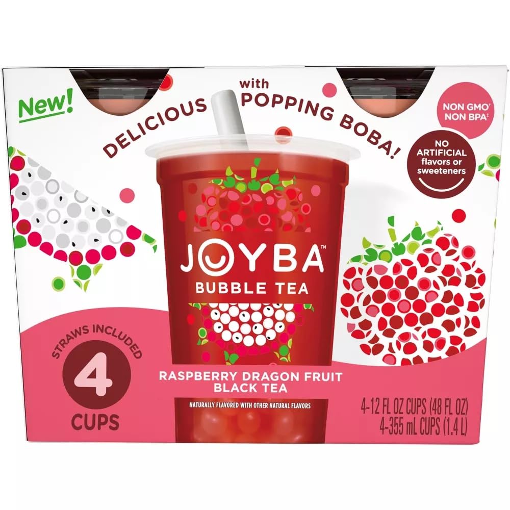 Joyba Raspberry Dragonfruit Black Tea Bubble Tea, 12 fl oz Cup (Pack of 4)