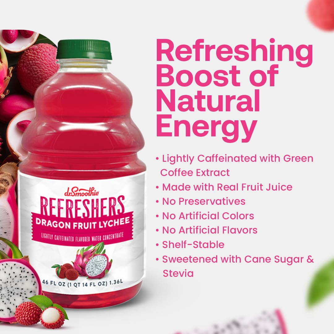 Dr. Smoothie Refreshers Drink Concentrate - Dragon Fruit Lychee, Lightly Caffeinated, 46 Fl Oz, No Artificial Colors