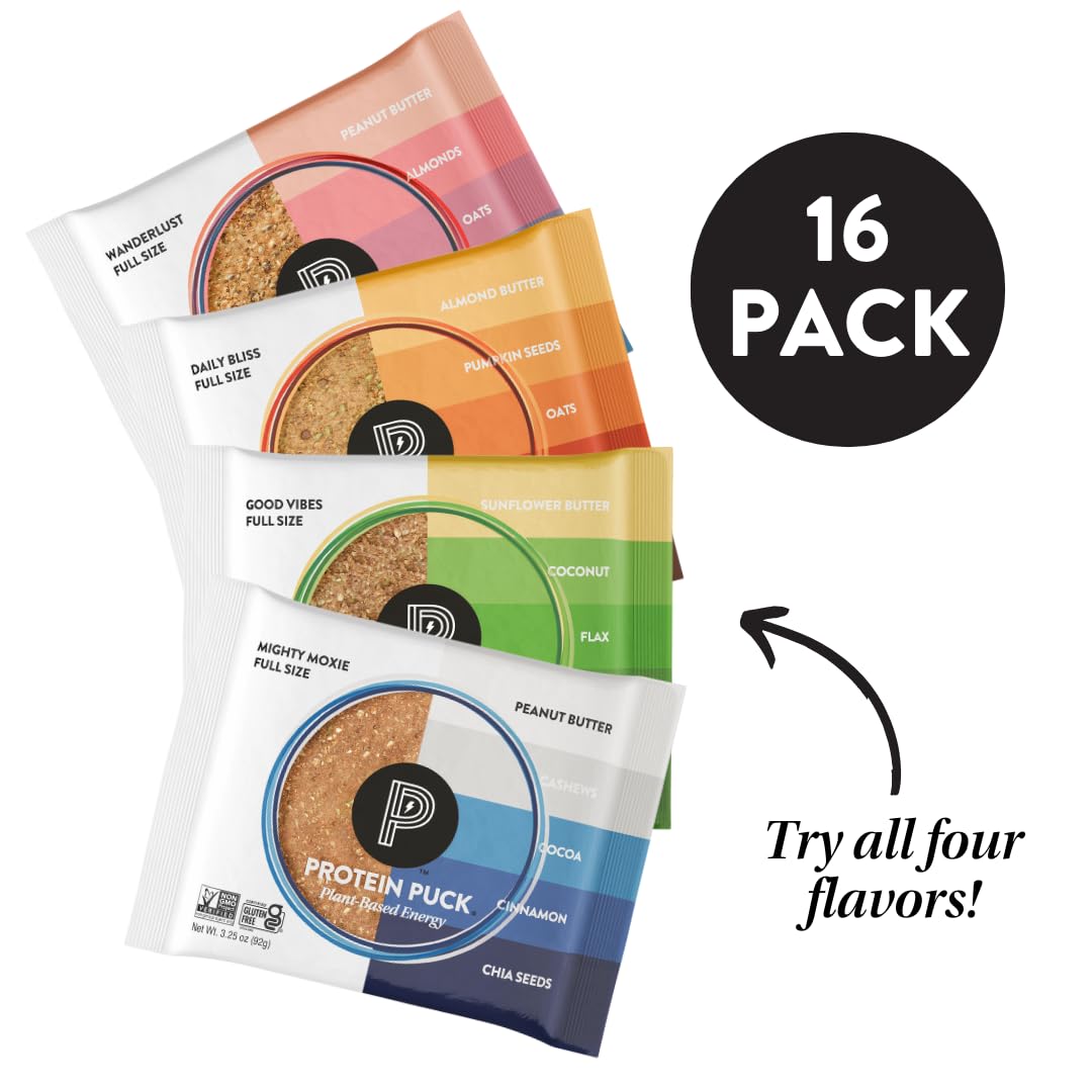 Protein Puck Plant Based Bars | Snacks With Vegan Protein | 16 Count | 3.25 Oz Full Size | Gluten Free, Non Dairy, Kosher Certified Non Gmo Enhanced Healthy Bars | Variety Pack