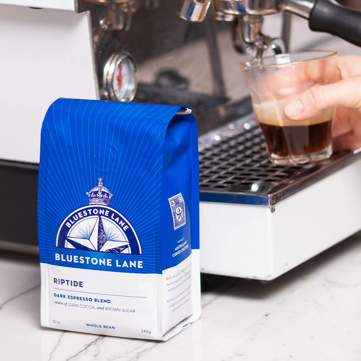 Bluestone Lane Coffee Beans, Riptide Espresso, Dark Roast, Whole Bean, 12 Ounce Bag