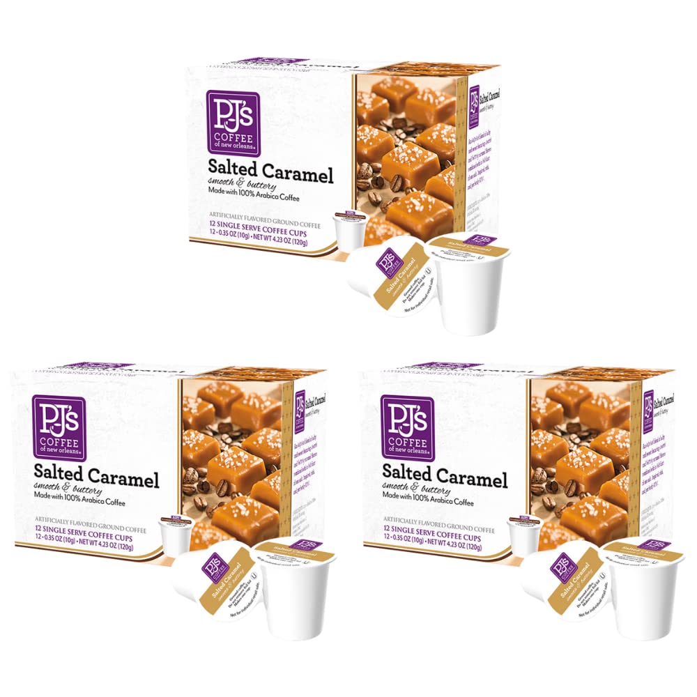 PJs Coffee Salted Caramel Single Serve Cups - Rich & Creamy Flavors - 12 Count (Pack of 3) - Model OQ-F690-8IMY