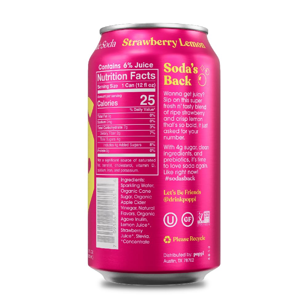 Poppi Strawberry Lemonade Prebiotic Soda, (12 Fl Oz Can)