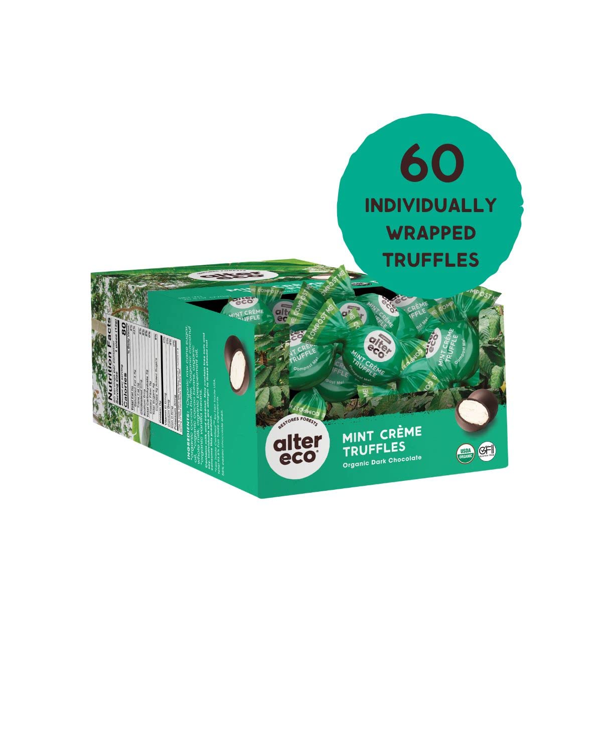 Alter Eco | Mint Creme Truffles | 58% Pure Dark Cocoa, Fair Trade, Organic, Non-Gmo, Gluten Free Dark Chocolate Truffles | 60 Tr