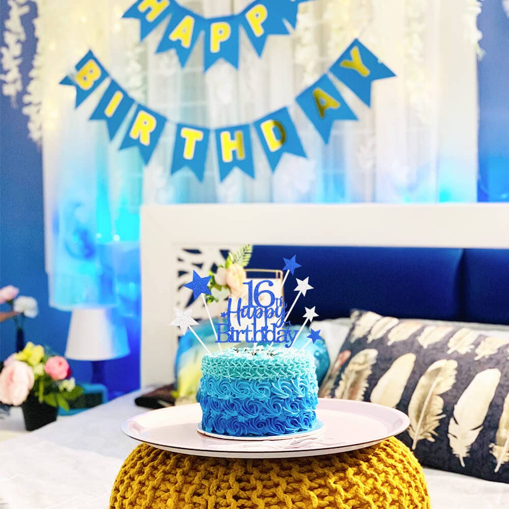 Pargleev Glittery 16Th Cake Topper With Star Boys And Girls 16Th Birthday Party Supplies, Sixteen Years Old Birthday Party Decor