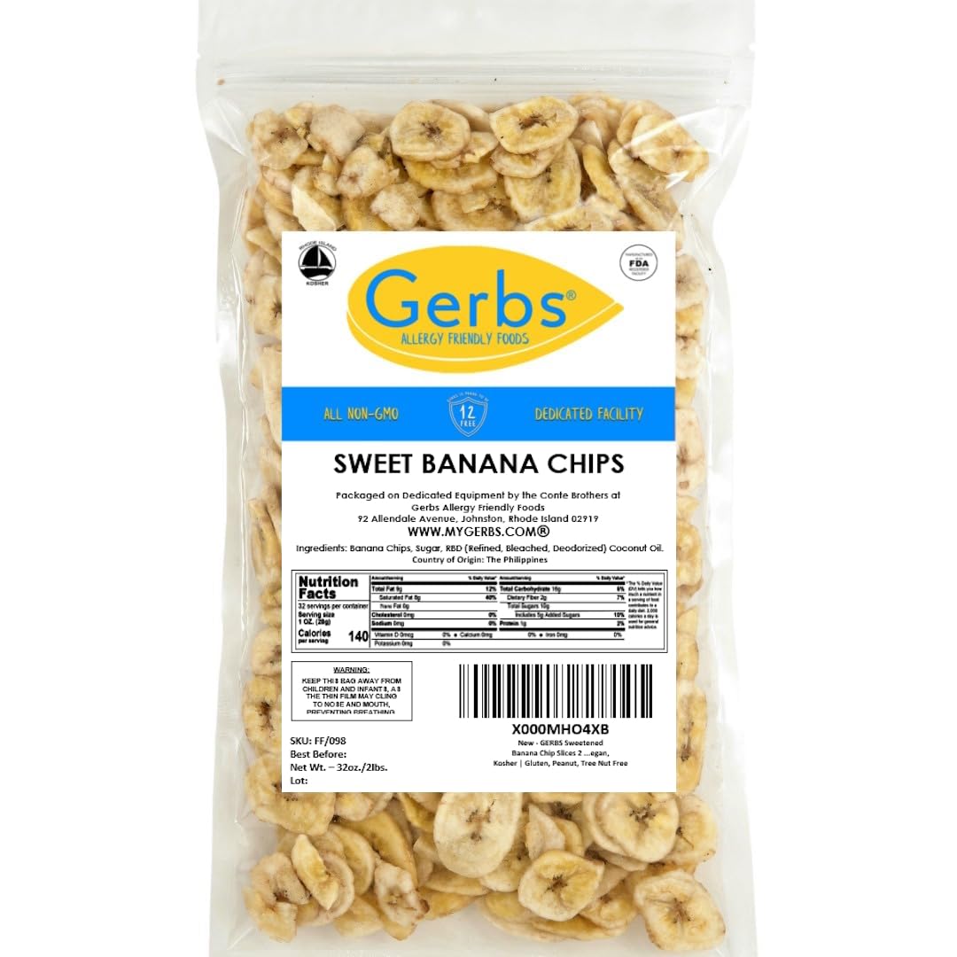 Gerbs Banana Chips Sweetened, 2 LBS - Unsulfured & Preservative Free - Top 14 Allergy Friendly & Non GMO - Product of Philippine