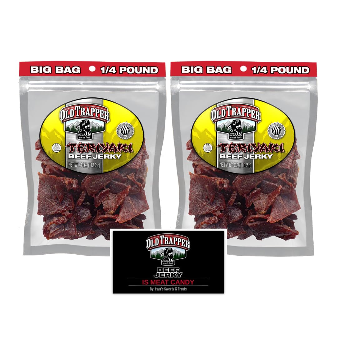 Old Trapper Teriyaki Beef Jerky Gift Set, Traditional Style Real Wood Smoked Beef Jerky, Made From 100% Top Round Steaks, Pack Of 2, 4 Oz. Resealable Bags With Bonus Old Trapper Magnet By Lyzas Sweets &  