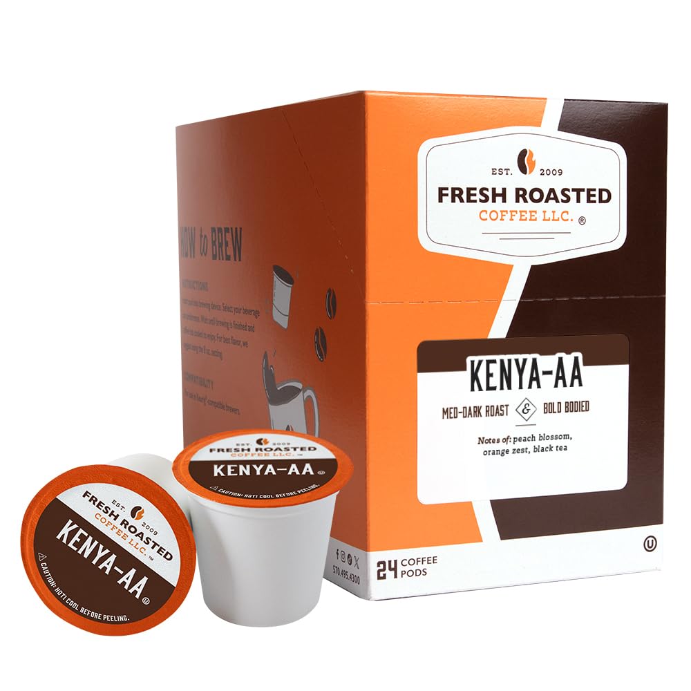 Fresh Roasted Coffee Kenya AA Med-Dark Roast K-Cup Compatible 24 Pods Coffee