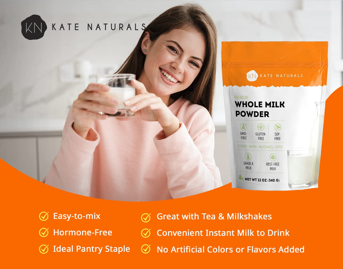 Kate Naturals Dry Whole Milk Powder for Baking & Coffee, 12oz - RBST-Free, Made in USA