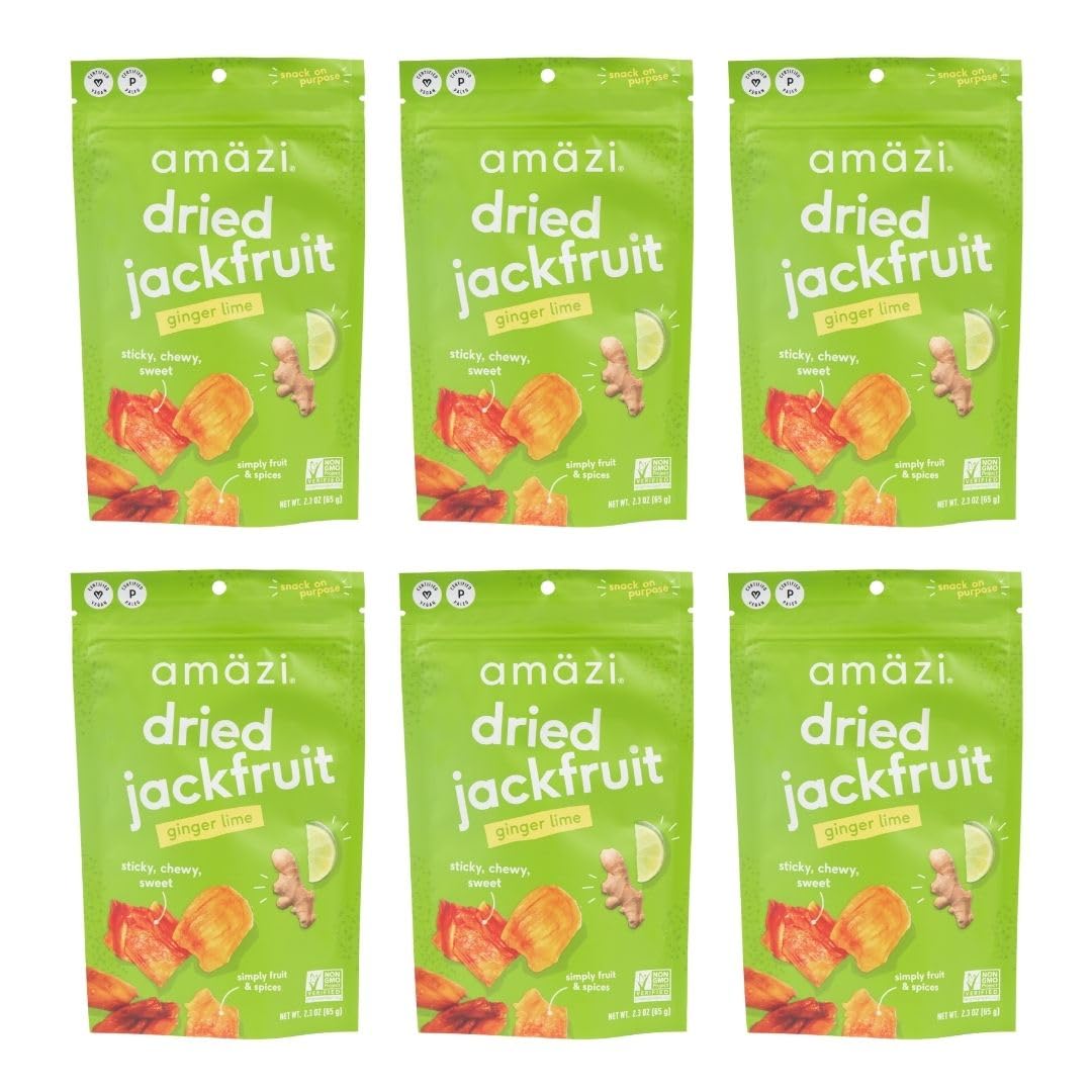 Amzi Foods | Ginger Lime Dried Jackfruit (6 Pack) | All Natural Snacks | Gluten Free Healthy Dried Fruit Snacks