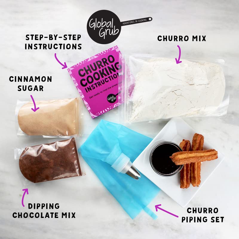 Global Grub Diy Churro Kit - Homemade Churro Kit Includes Churro Mix, Cinnamon Sugar, Chocolate Dipping Mix, Churro Piping Set,