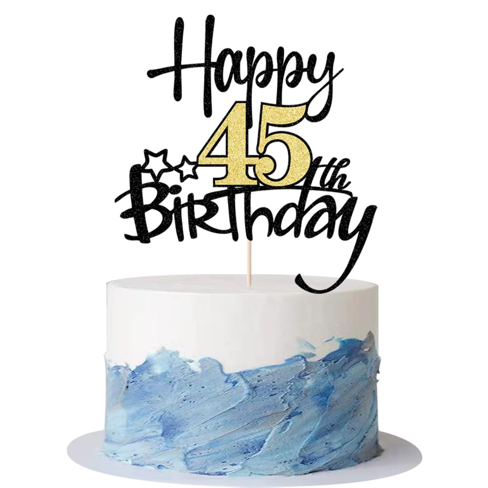 Kaoenla Black Gold Glitter Happy 45th Birthday Cake Topper - Hello 45/Cheers 45,Happy Forty-five Birthday Anniversary,45 years o