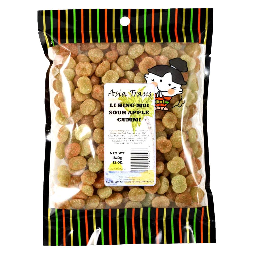 Asia Trans & Co. Sour Apple Gummies with Li Hing Mui Plum Powder, 12oz, Sweet & Sour Soft Gummy Candy