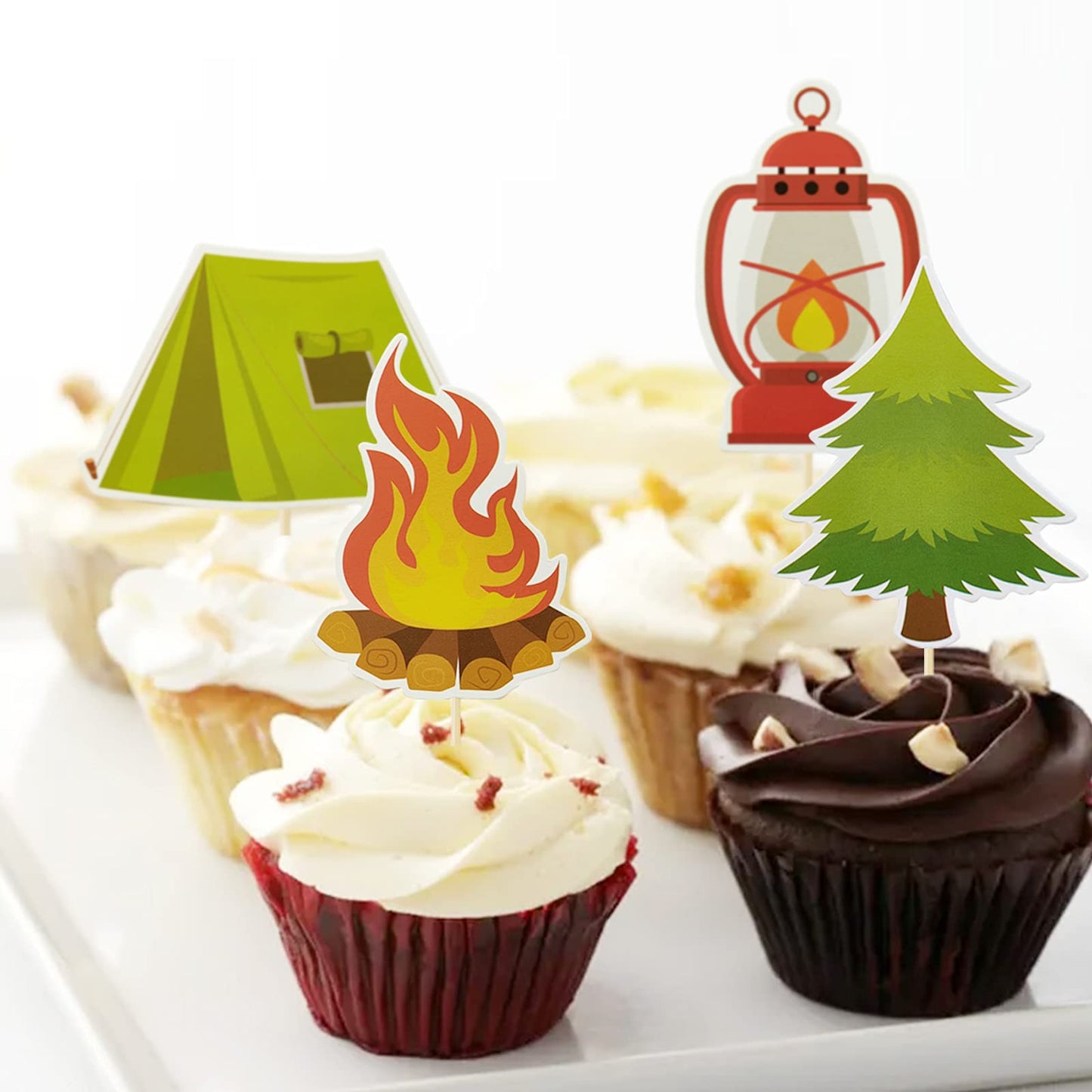 Mulukaya 24Pcs Camping Cupcake Toppers - Tent, Bonfire, Guitar - Birthday Party Cake Decoration Supplies