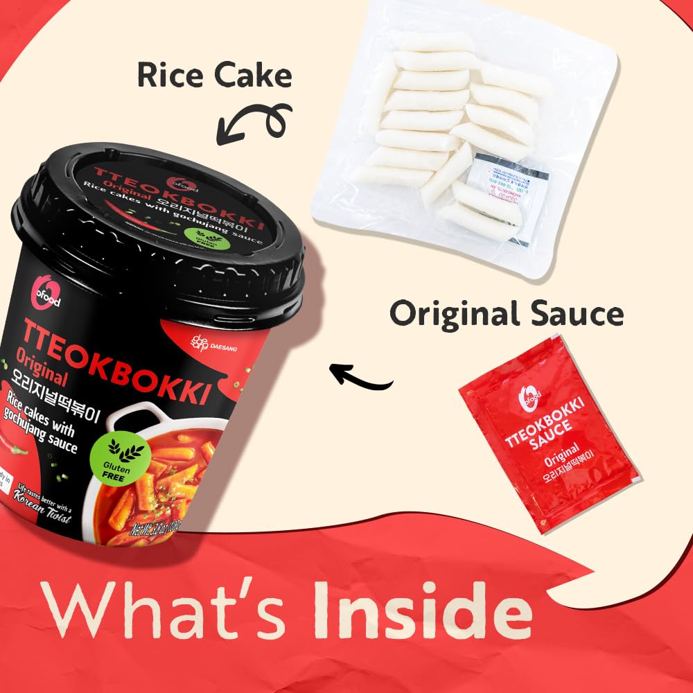 O'Food Original Cup Tteokbokki Pack Of 2, Authentic Spicy Korean Street Food, Gluten-Free Korean Rice Cakes, Microwaveable & Ins