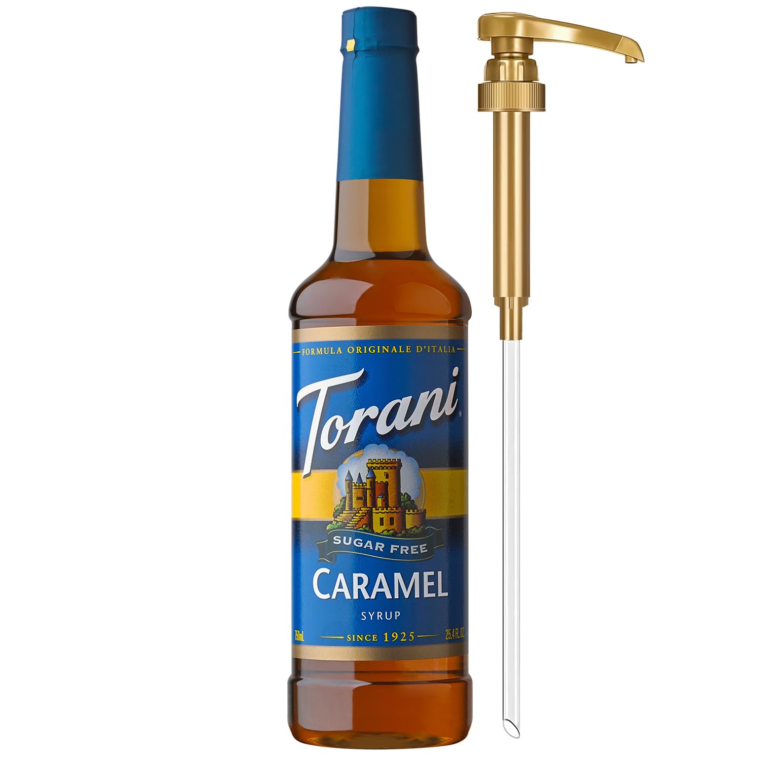Torani Sugar Free Coffee Syrup, Caramel Syrup for Drinks, Zero Calorie, Pump Included, 25.4 Fl Oz