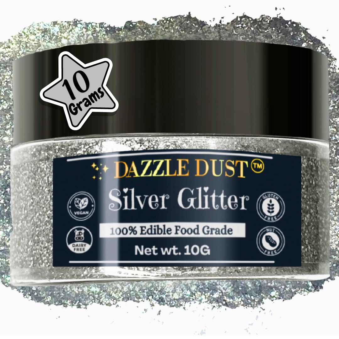 BULK- 10g -Silver Edible Glitter For Drinks, Silver Luster Dust Edible Glitter For Cakes, Silver Sprinkles For Cake Decorating, 