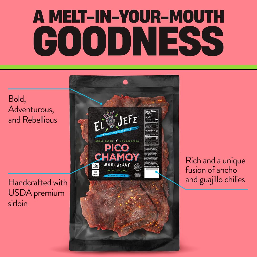 El Jefe Pico Chamoy Beef Jerky - Hand Crafted Small Batch Mexican Style Hispanic Slab Jerky - Bold & Authentic Flavor For Snacki