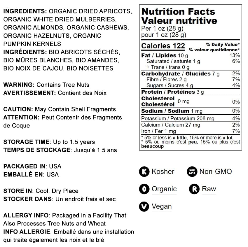 Food to Live Organic 6-Forces Trail Mix, 2 Pounds - Raw, Non-GMO, Mulberries, Cashews, Pumpkin Seeds, Apricots, Hazelnuts, Almon