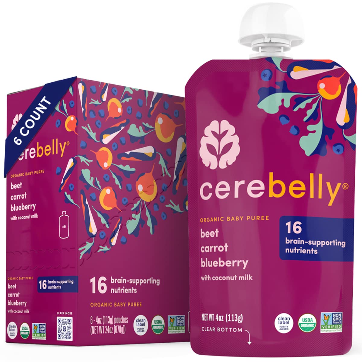 Cerebelly Organic Baby Food Pouches, Beet Carrot Blueberry Purees, 16 Nutrients, No Added Sugar, Fiber & Non-Gmo, 4Oz, 6 Pack