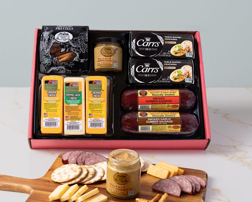 Wisconsin Cheese Company - Grand Cheese & Sausage Gift Box - 100% Wisconsin Cheddar & Pepper Jack Cheese, Sausage,  Ers, Pretzel & Mustard | Perfect For Parties, Charcuterie Boards, And Holiday Gifts
