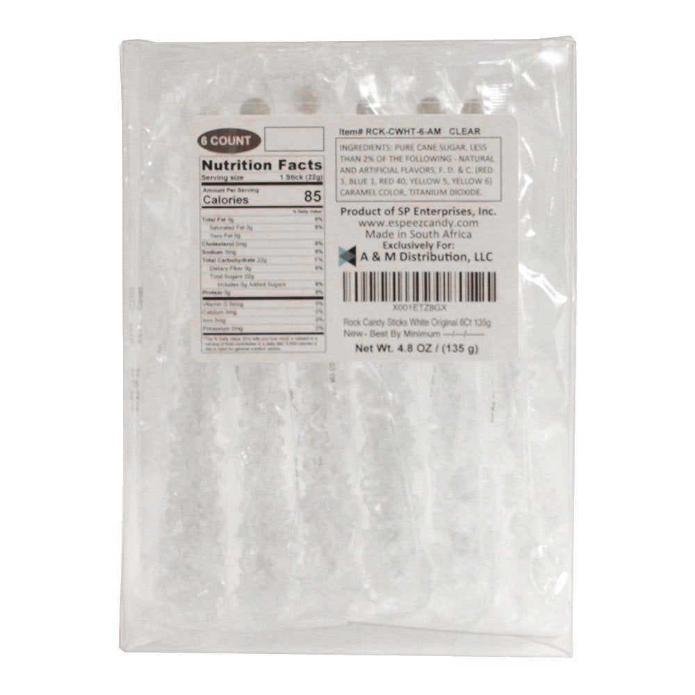 Espeez Extra Large Rock Candy Sticks - 6 Count - Individually Wrapped - Yellow, White, Green, Pink