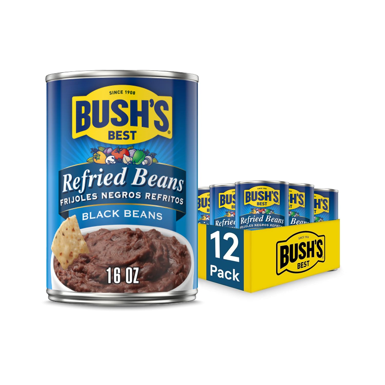 Bushs Best Canned Black Refried Beans, Plant-Based Protein, Low Fat, Gluten Free, 16 oz, Pack of 12
