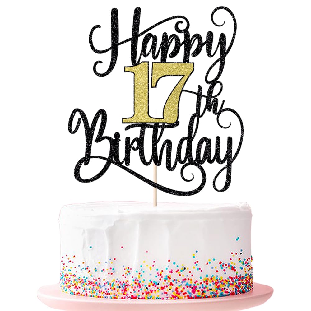 Happy 17Th Birthday Cake Topper, 17 Birthday Party Cake Decorations (Black And Gold Flashes, 17Th)