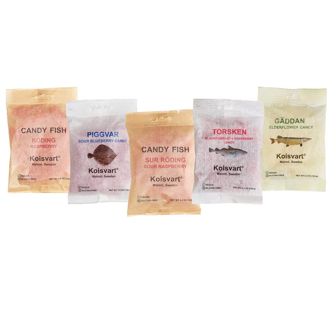 Kolsvart Swedish Candy Variety Pack, 4.2 Oz Each – Sour Raspberry, Sour Blueberry, Classic Rasp Berry, Elderflower & Black Currant Blend (Pack Of 5)