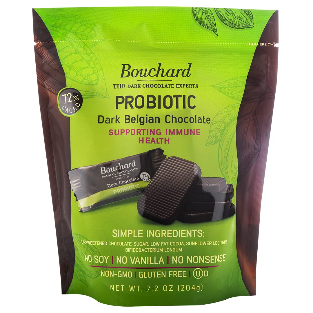 Bouchard Probiotic Dark Belgian Chocolate (72% Cacao) | Individually Wrapped in Resealable Bag | No Soy, No Vanilla, No Nonsense