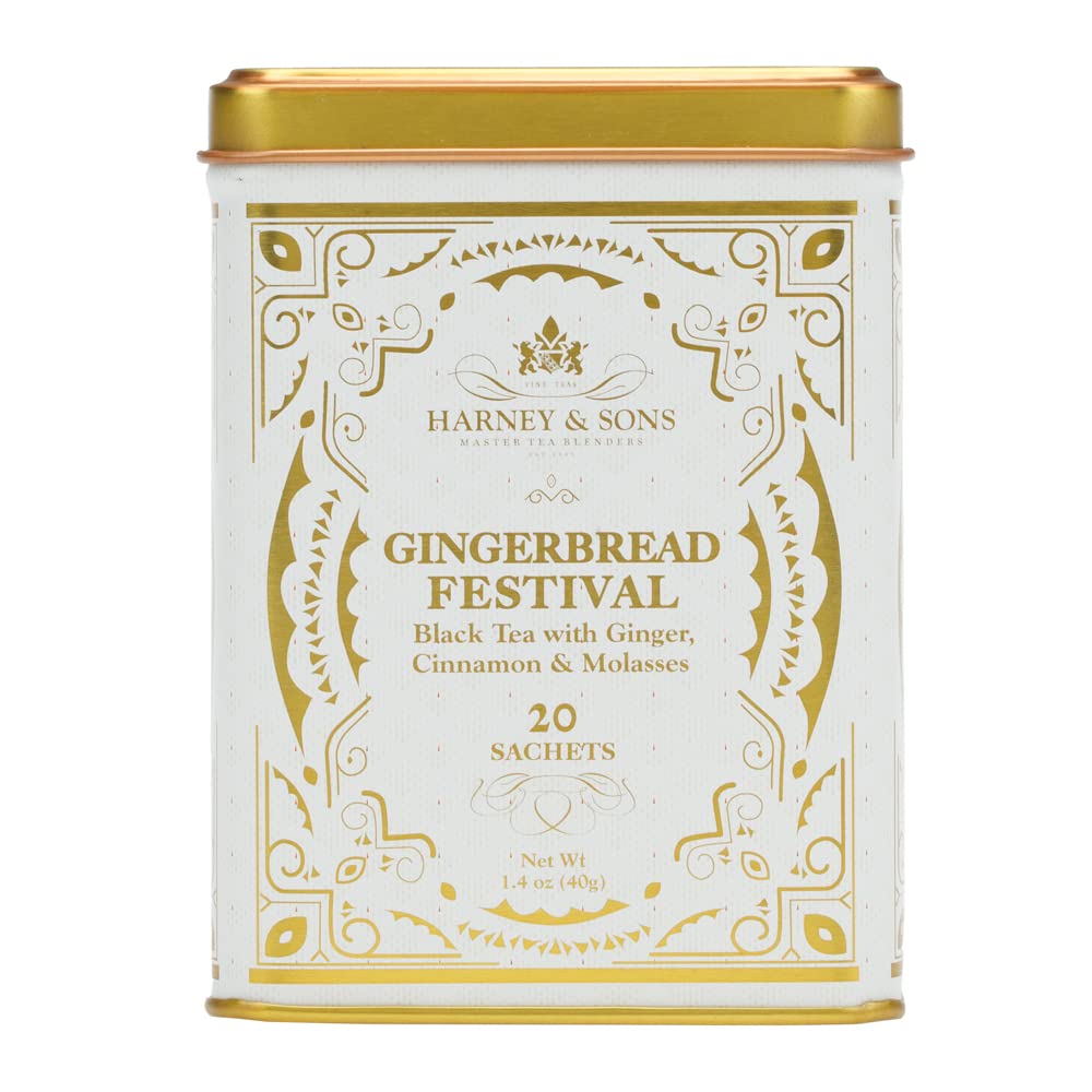 Harney & Sons Gingerbread Festival, Black Tea With Ginger & Cinnamon, 20Ct Sachet Tin